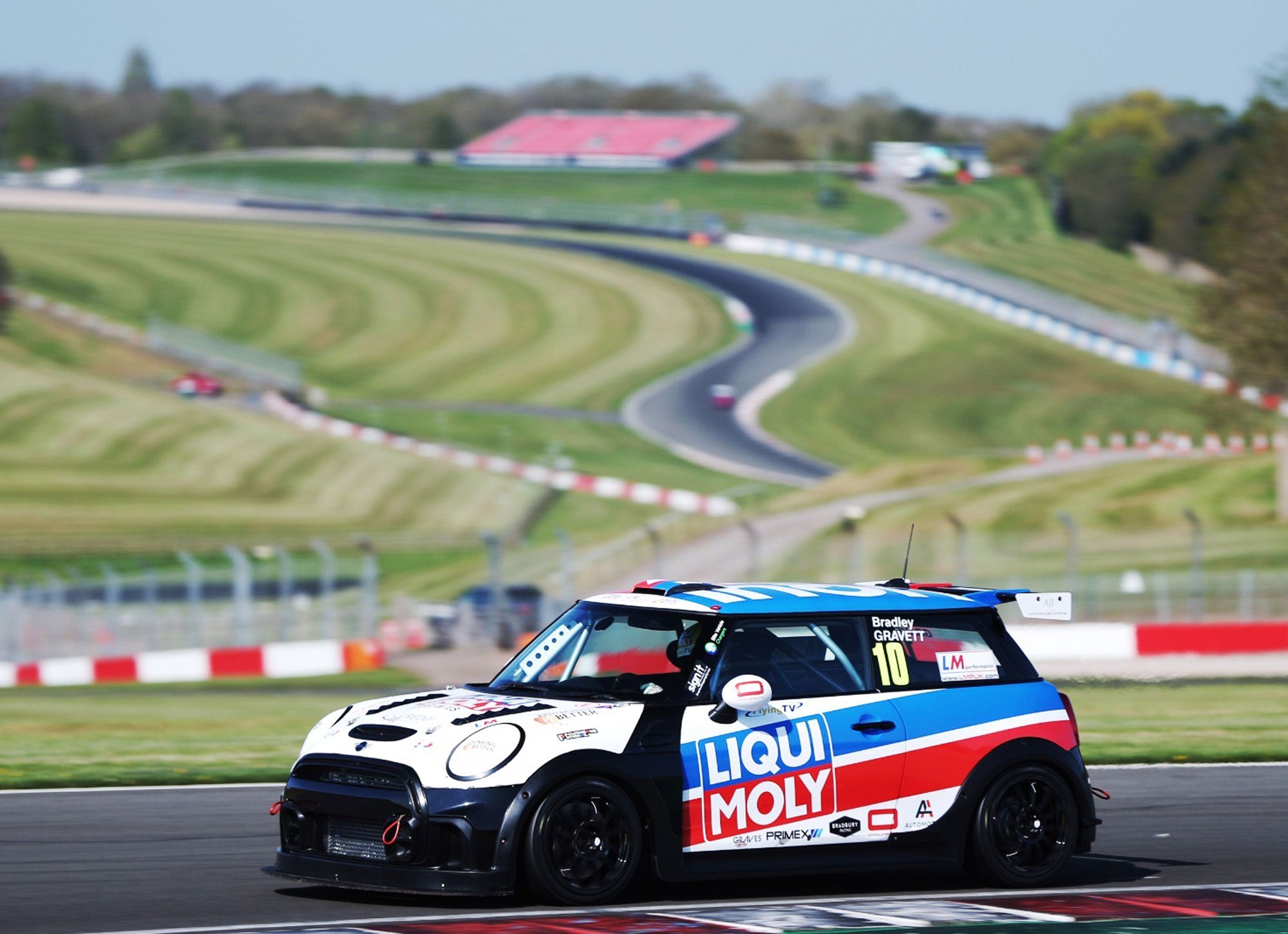Bradley Gravett son of BTCC British Touring Car Champion Robb Gravett in the MINI Challenge JCW Series at Donington in 2022 Exit of McLeans Graves Motorsport Cooper Racing Driver LIQUI MOLY LM Performance Thinking it Better