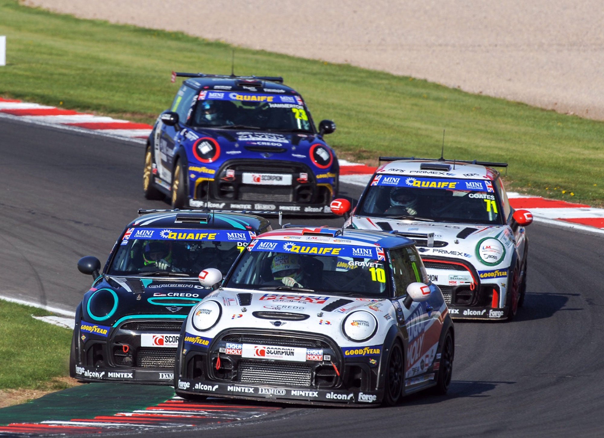 Bradley Gravett son of BTCC British Touring Car Champion Robb Gravett in the MINI Challenge JCW Series at Donington in 2022 Exit of the Old Hairpin Graves Motorsport Cooper Racing Driver LIQUI MOLY LM Performance Thinking it Better