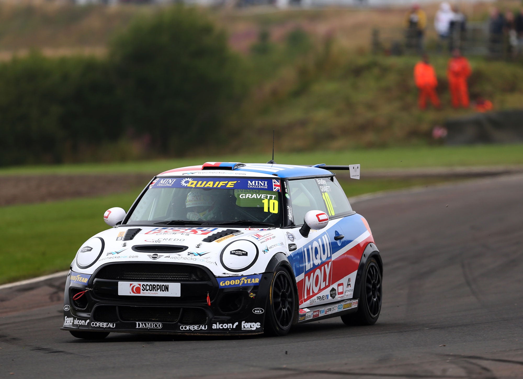 Bradley Gravett son of BTCC British Touring Car Champion Robb Gravett in the MINI Challenge JCW Series at Knockhill in 2021 Turning Right on Track Graves Motorsport Cooper Racing Driver LIQUI MOLY LM Performance Thinking it Better