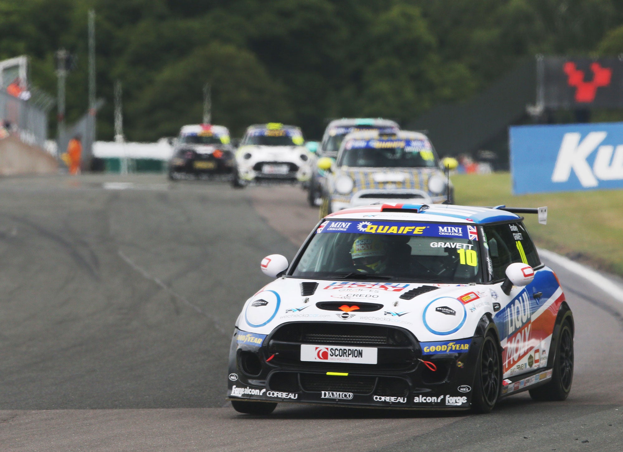 Bradley Gravett son of BTCC British Touring Car Champion Robb Gravett in the MINI Challenge JCW Series at Oulton Park in 2021 at Old Hall Turn 1 Graves Motorsport Cooper Racing Driver LIQUI MOLY LM Performance Thinking it Better