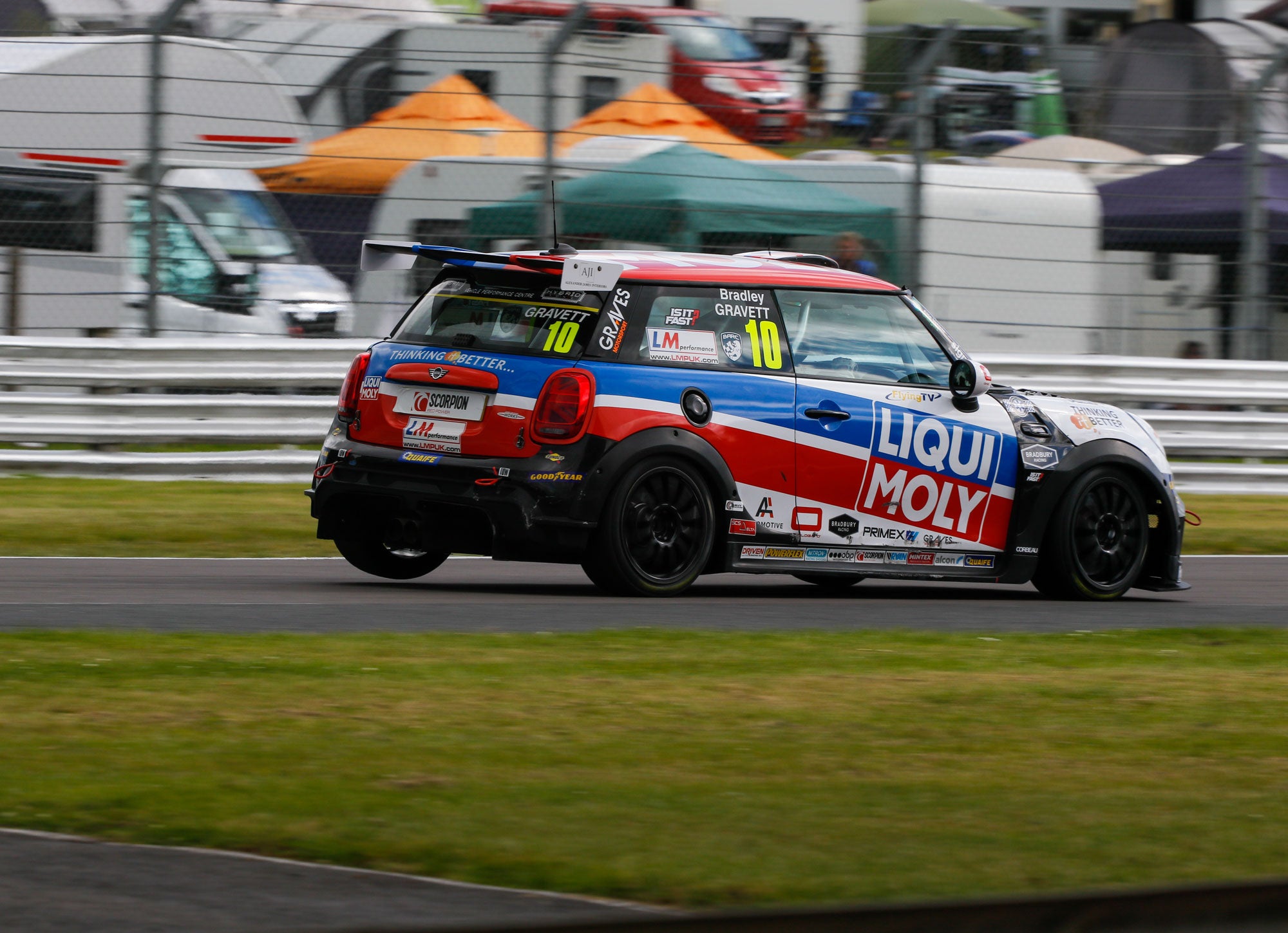 Bradley Gravett son of BTCC British Touring Car Champion Robb Gravett in the MINI Challenge JCW Series at Oulton Park in 2022 Entry to Cascades Graves Motorsport Cooper Racing Driver LIQUI MOLY LM Performance Thinking it Better