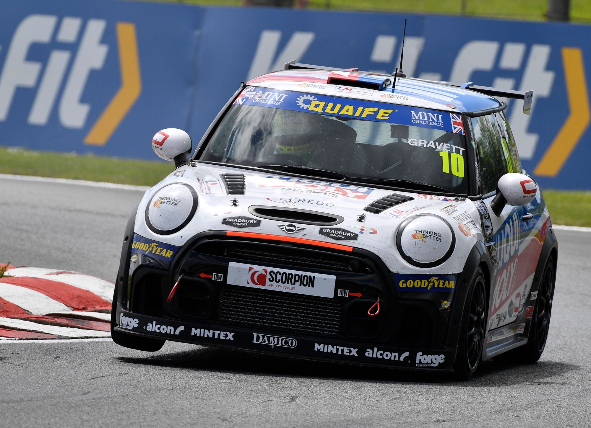 Bradley Gravett son of BTCC British Touring Car Champion Robb Gravett in the MINI Challenge JCW Series at Oulton Park in 2022 Entry to Hislops Chicane Graves Motorsport Cooper Racing Driver LIQUI MOLY LM Performance Thinking it Better