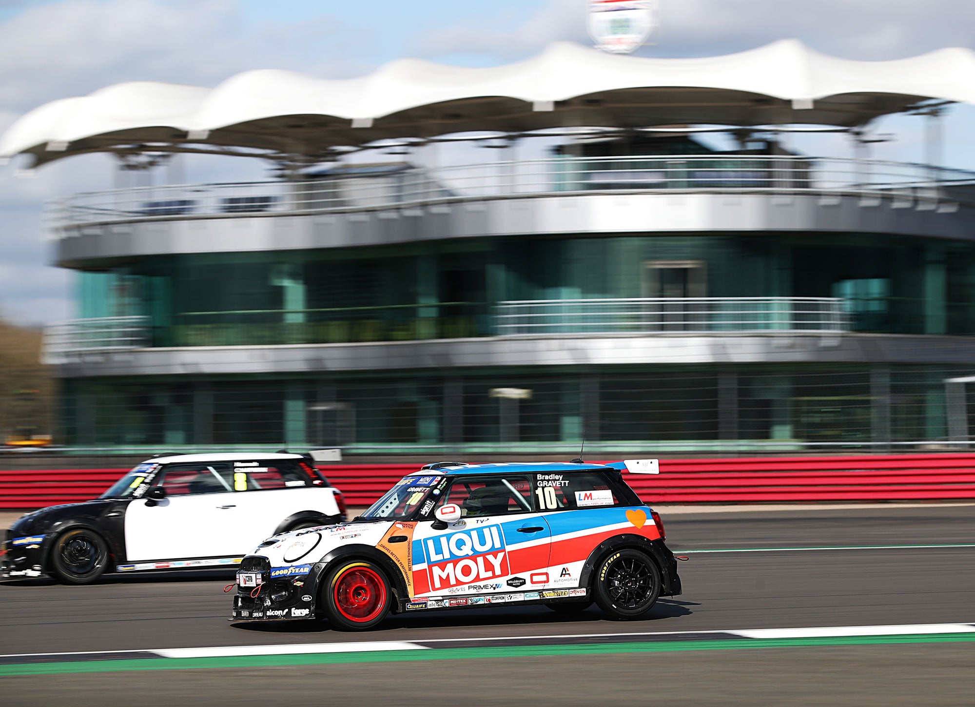 Bradley Gravett son of BTCC British Touring Car Champion Robb Gravett in the MINI Challenge JCW Series at Silverstone National Tyre Test in 2022 Outside BRDC Graves Motorsport Cooper Racing Driver LIQUI MOLY LM Performance Thinking it Better