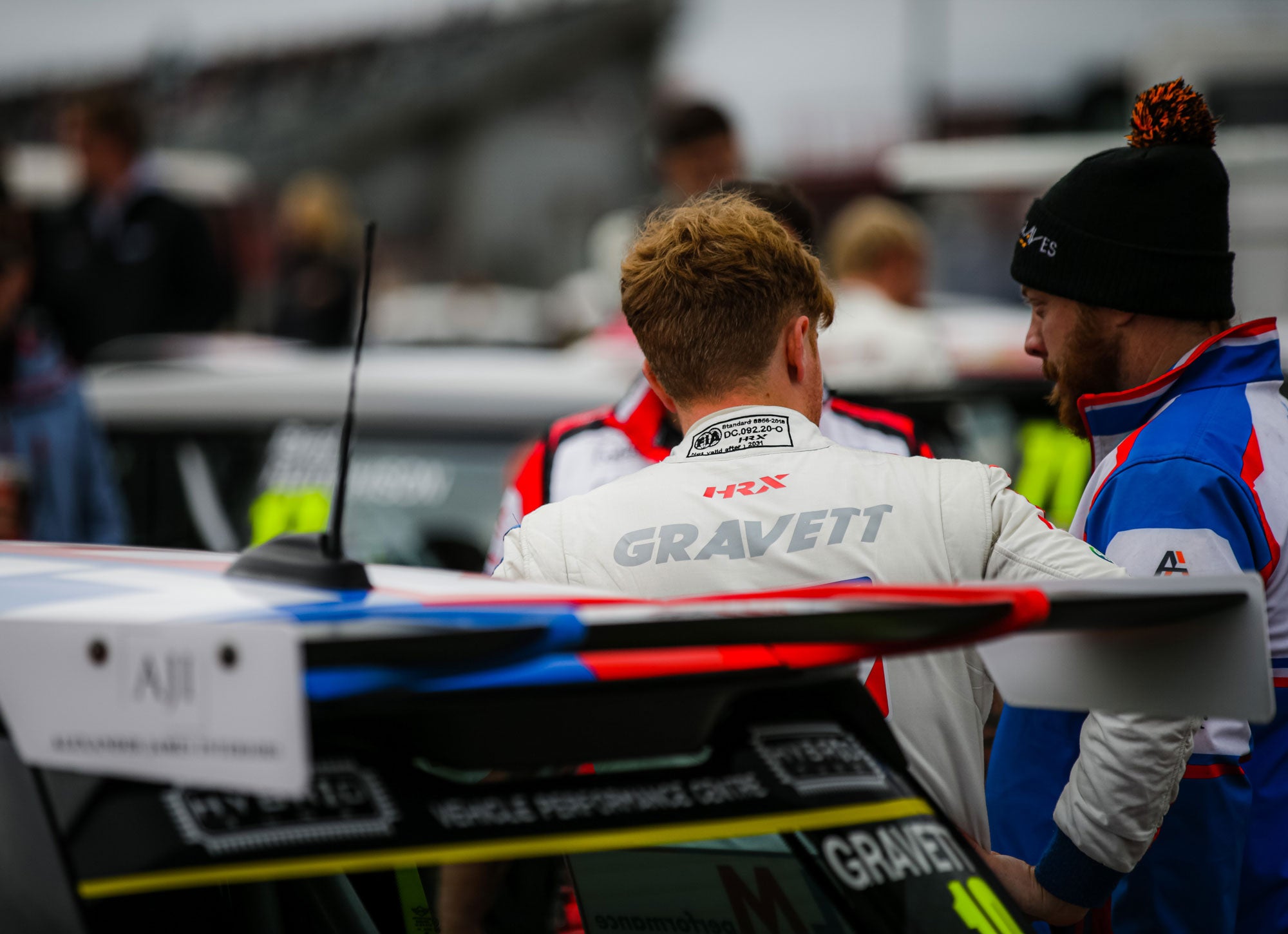 Bradley Gravett son of BTCC British Touring Car Champion Robb Gravett in the MINI Challenge JCW Series at Silverstone National Tyre Test in 2022 Talking to Sam Pearce Graves Motorsport Cooper Racing Driver LIQUI MOLY LM Performance Thinking it Better