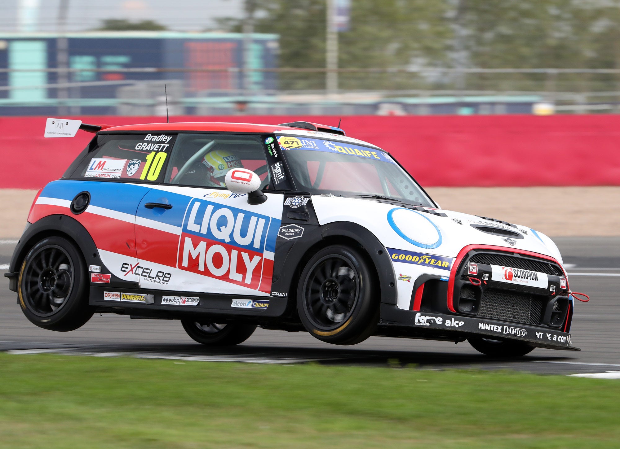 Bradley Gravett son of BTCC British Touring Car Champion Robb Gravett in the MINI Challenge JCW Series at Silverstone with EXCELR8 Motorsport on 2 wheels through Maggots Cooper Racing Driver LIQUI MOLY LM Performance Thinking it Better
