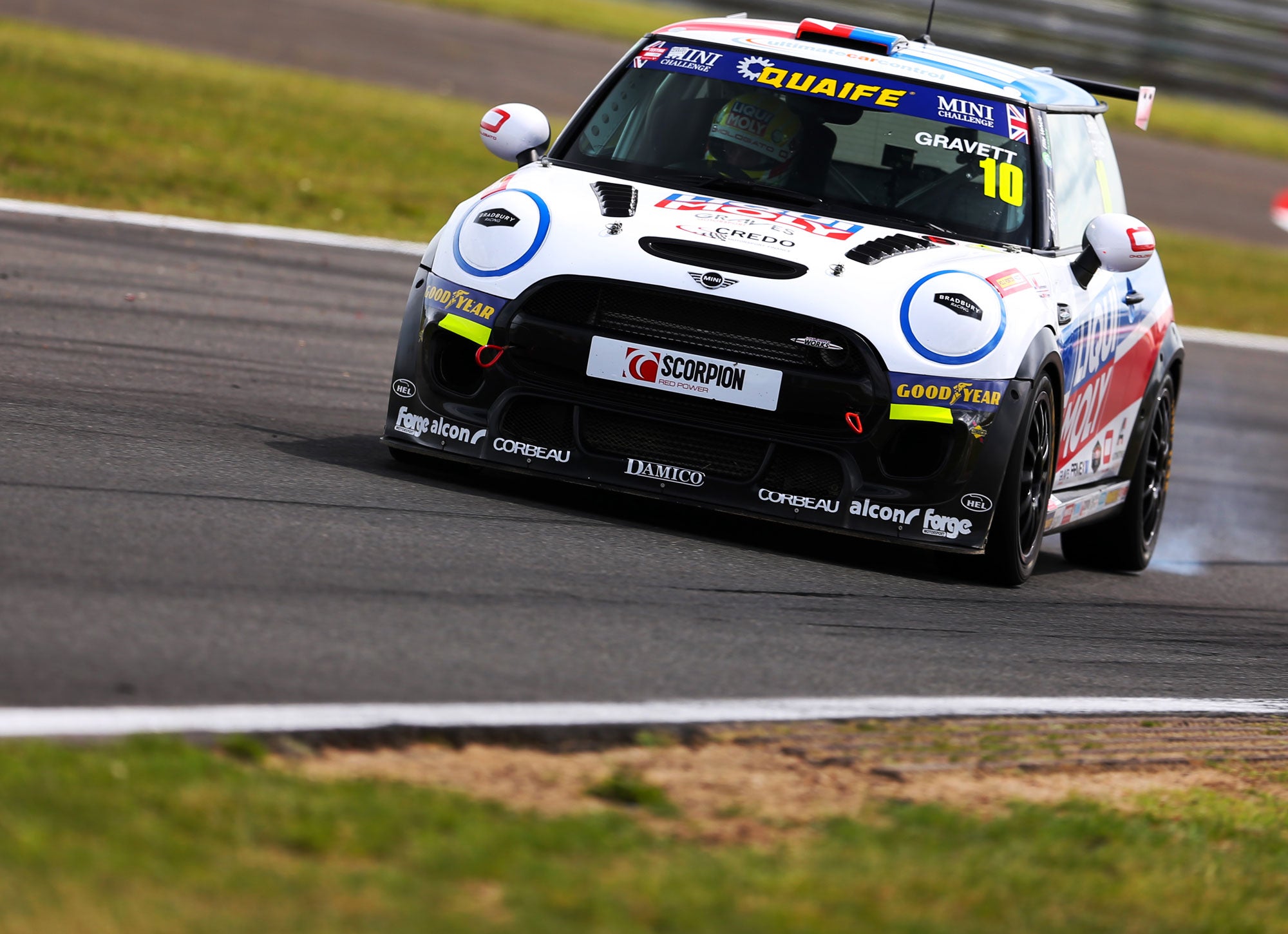 Bradley Gravett son of BTCC British Touring Car Champion Robb Gravett in the MINI Challenge JCW Series at Snetterton in 2021 Heavy Braking Locking Up Graves Motorsport Cooper Racing Driver LIQUI MOLY LM Performance Thinking it Better