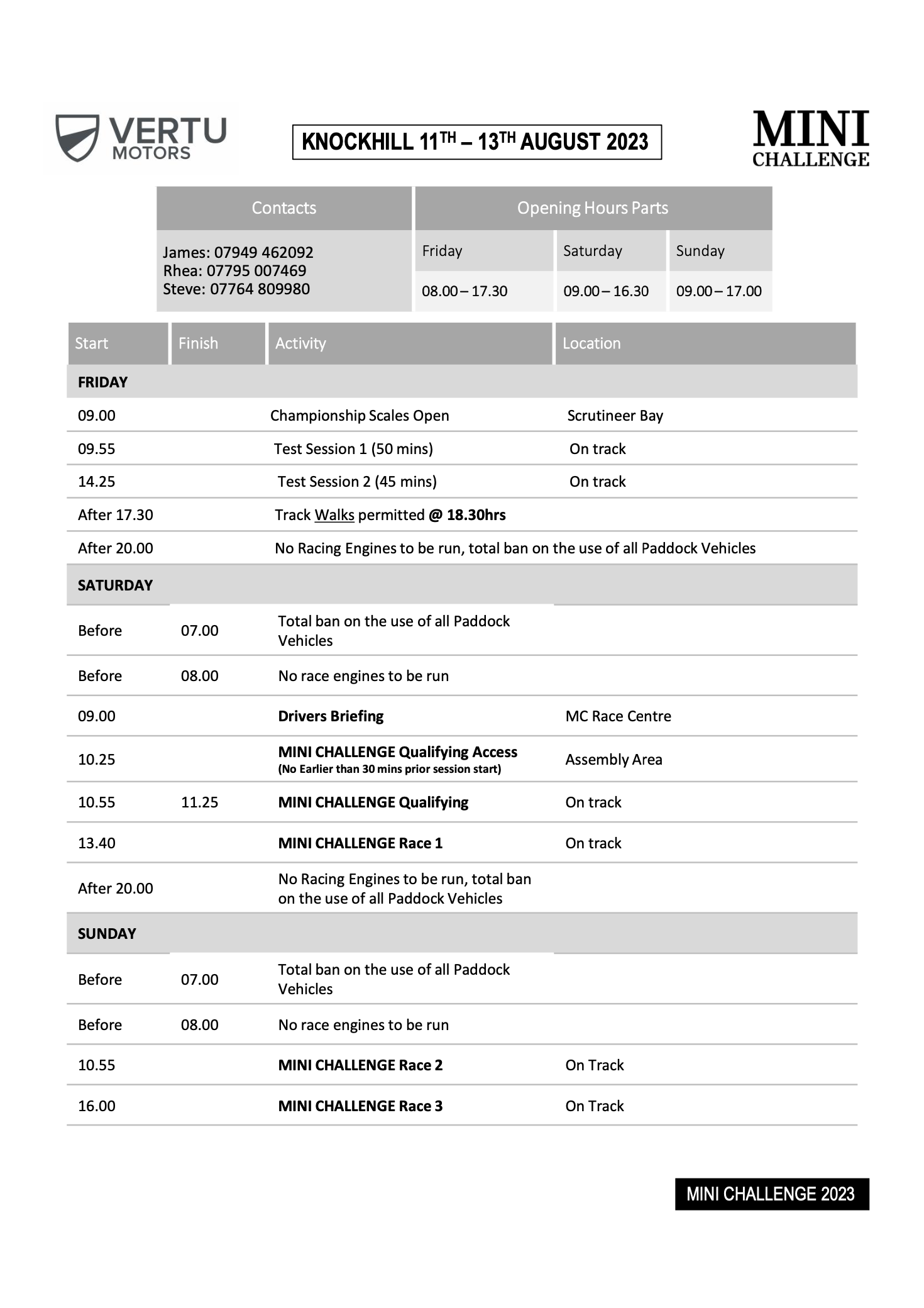 Knockhill 2023 - Round 5 - Timetable