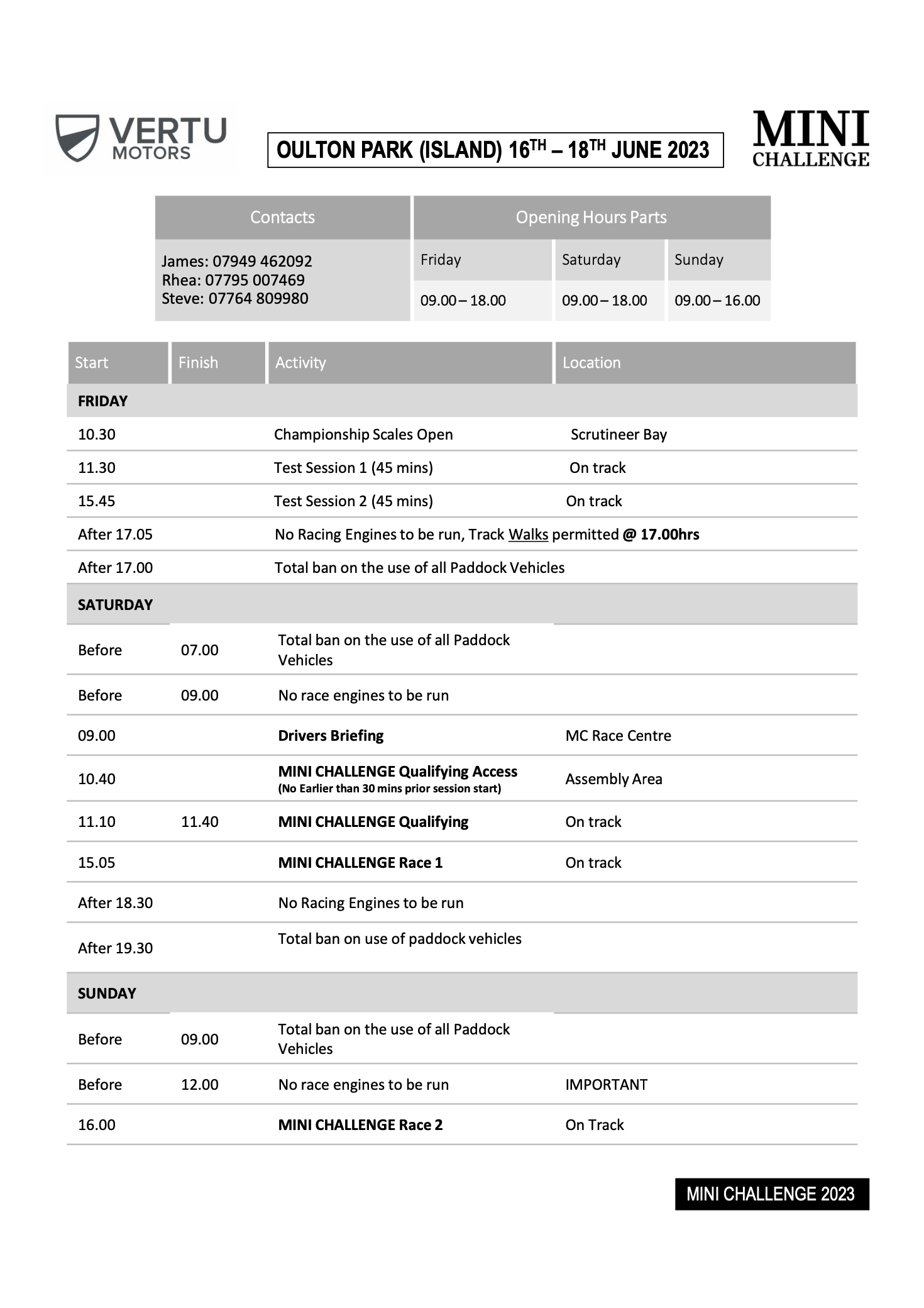 Oulton Park 2023 - Round 4 - Timetable