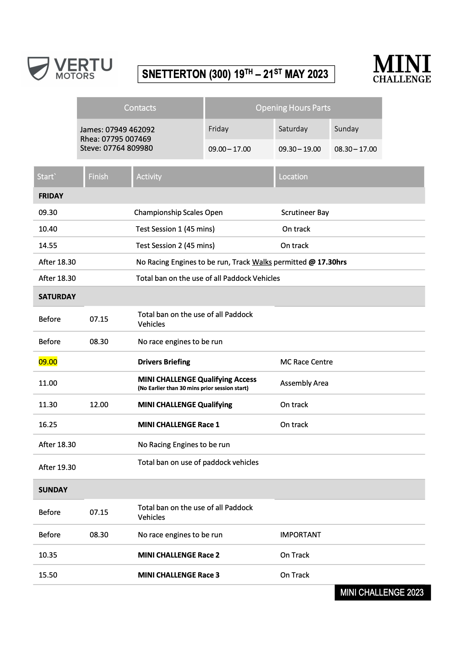 Snetterton 2023 - Round 3 - Timetable