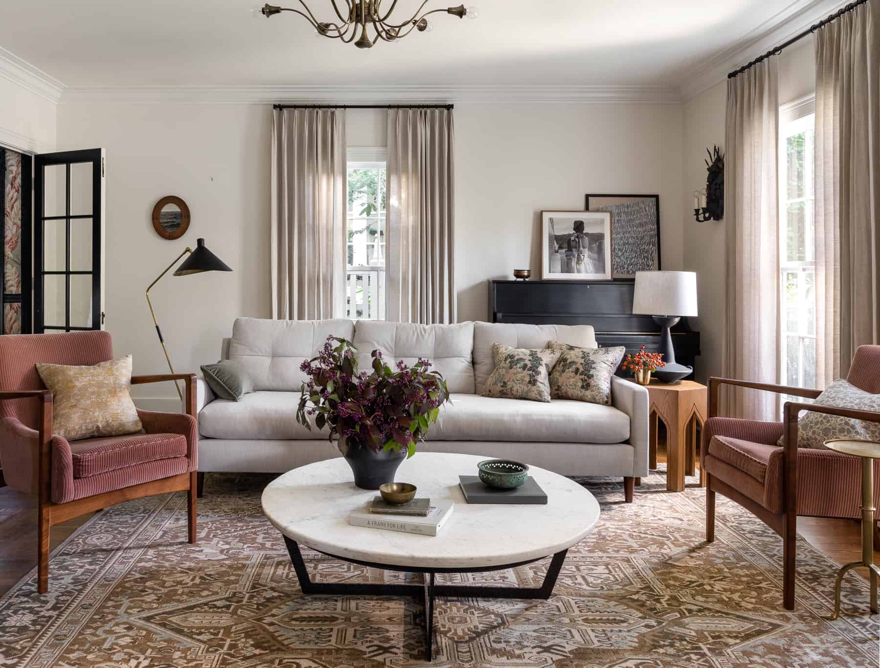 neutral living room with antique rug