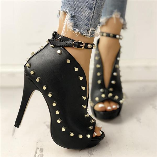 colorblock splicing hollow out buckled thin heels