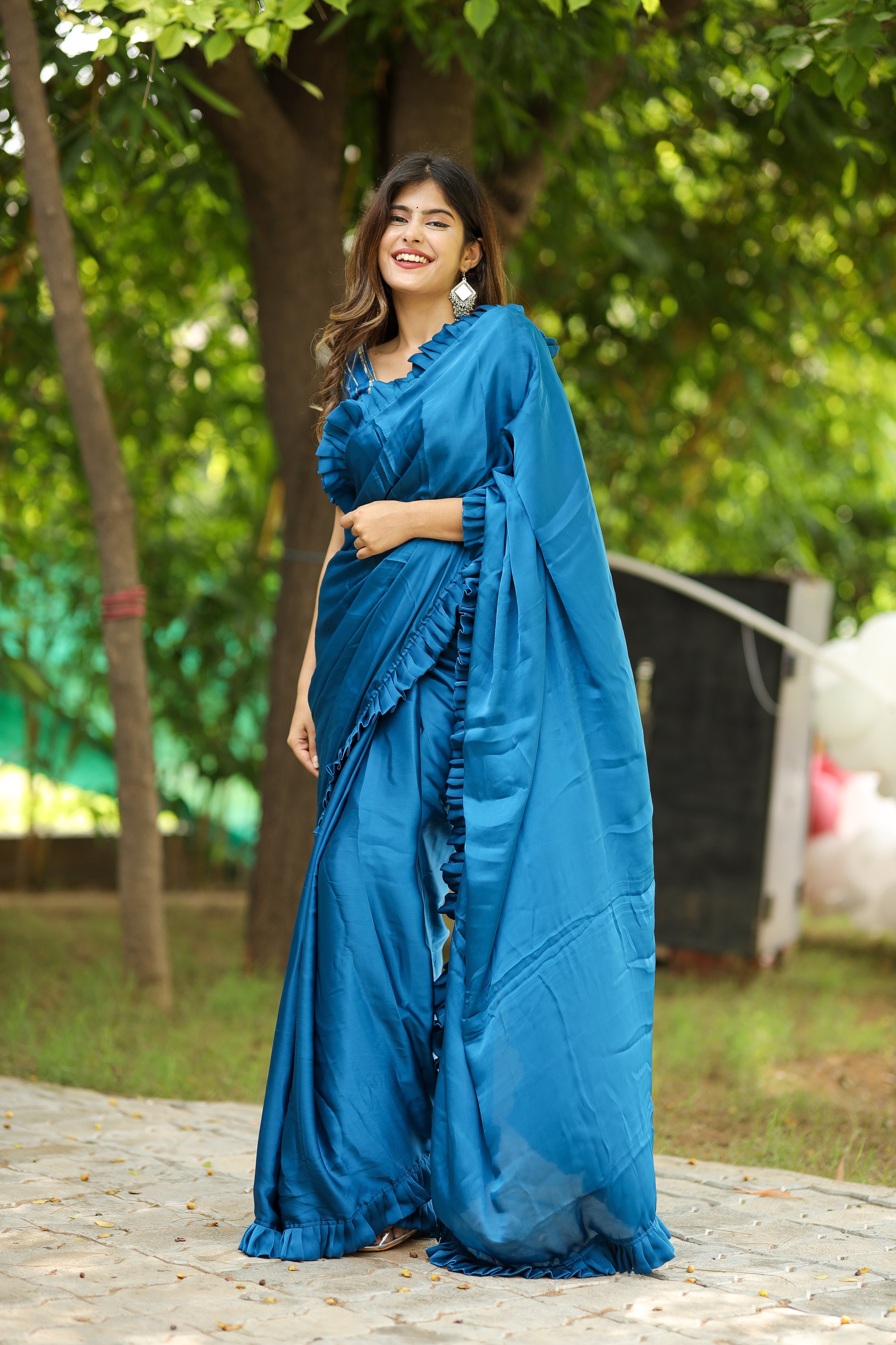 Blue Solid Satin Saree Striped Work Latkan Lace | trendwati