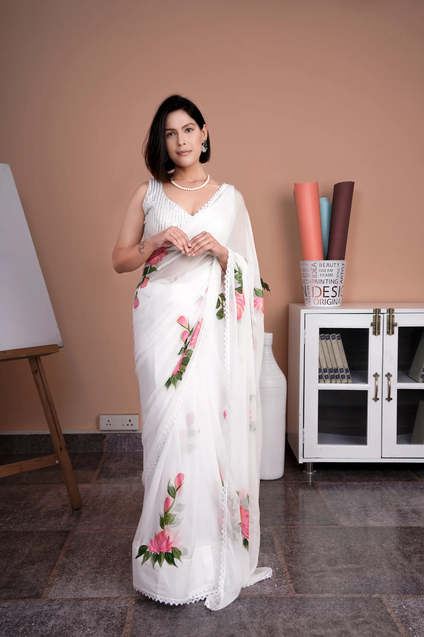Ivory Whispers (Pure Chiffon Hand Painted Saree)