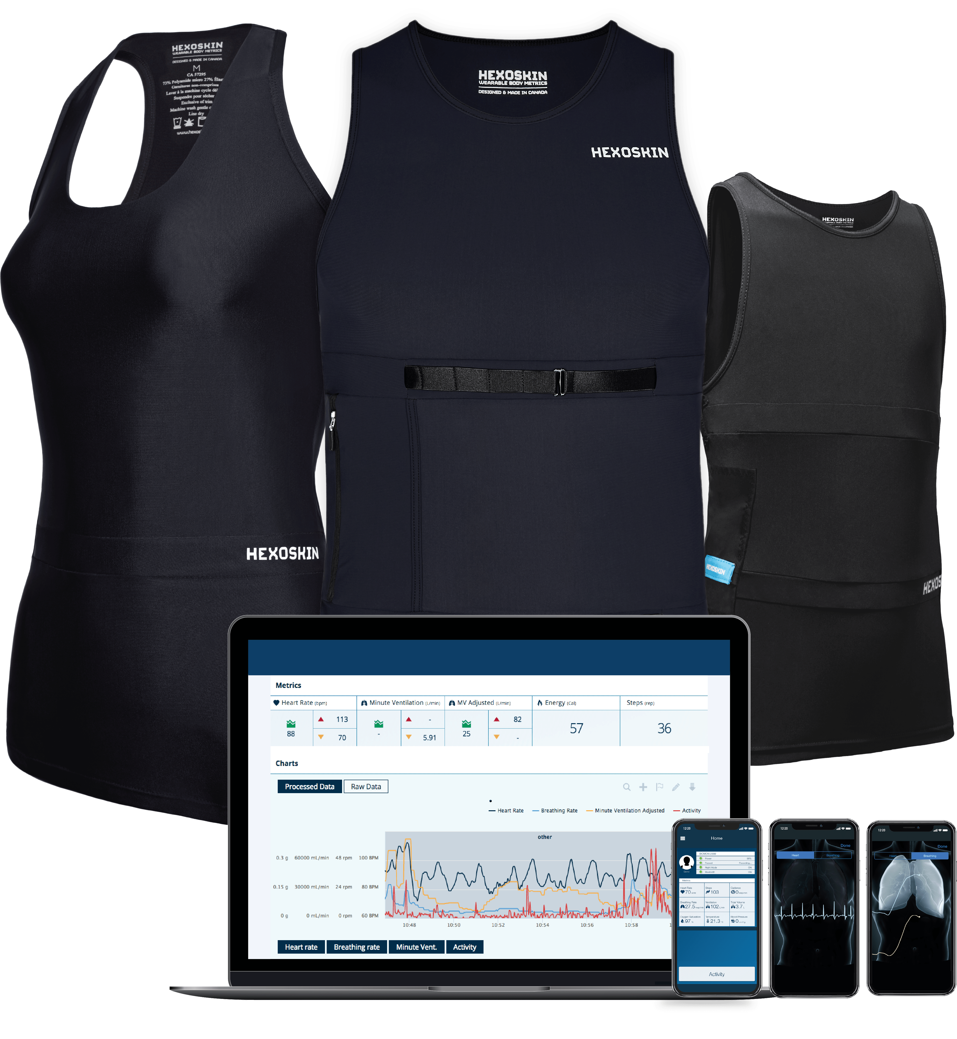 Hexoskin Product Specifications. Monitors, Features, Biometric Shirt and Data & Tech