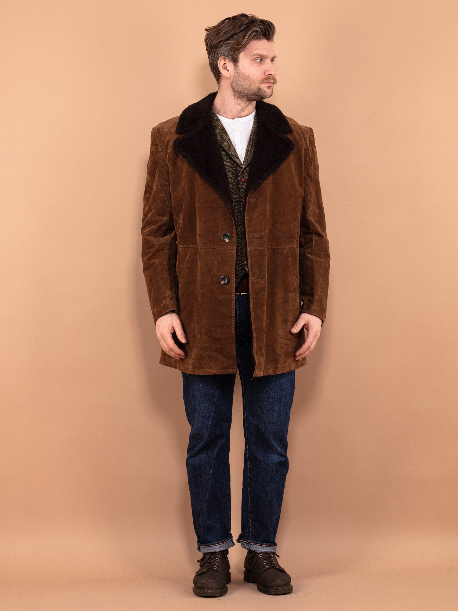 Vintage 70's Men Faux Sheepskin Coat in Brown