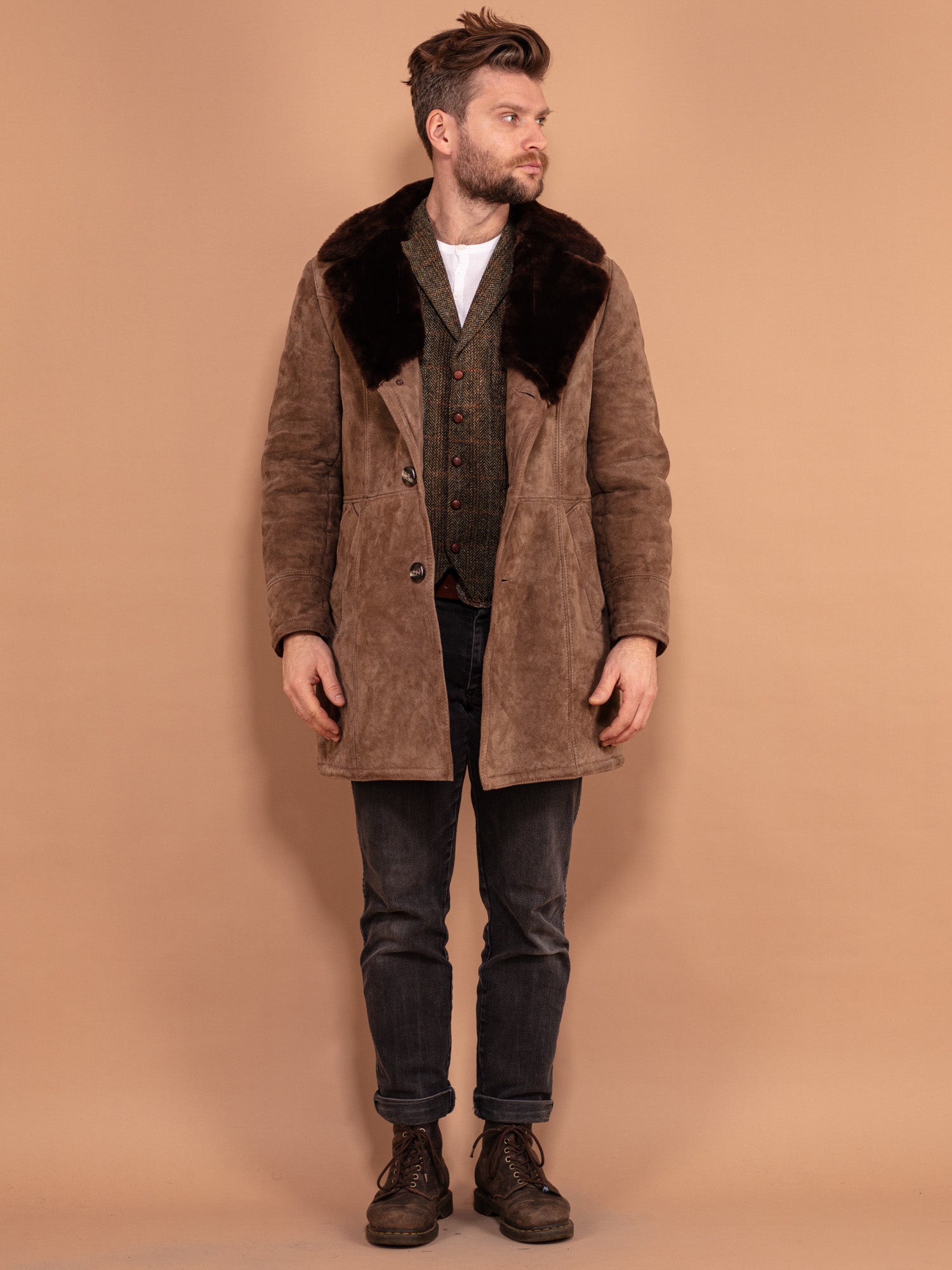 Vintage 70's Men Sheepskin Coat in Brown