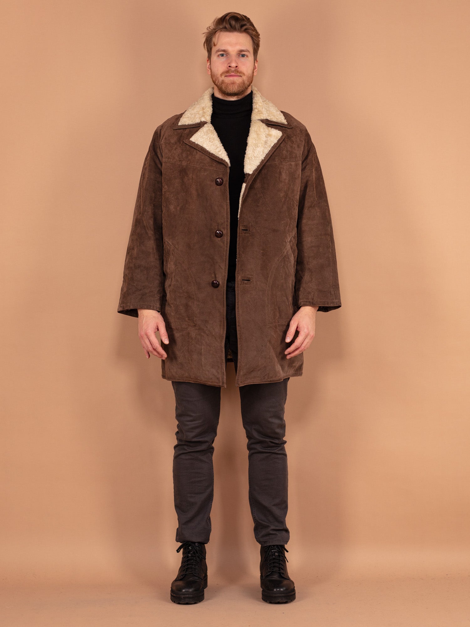 Vintage 70's Men Sheepskin Suede Coat in Brown