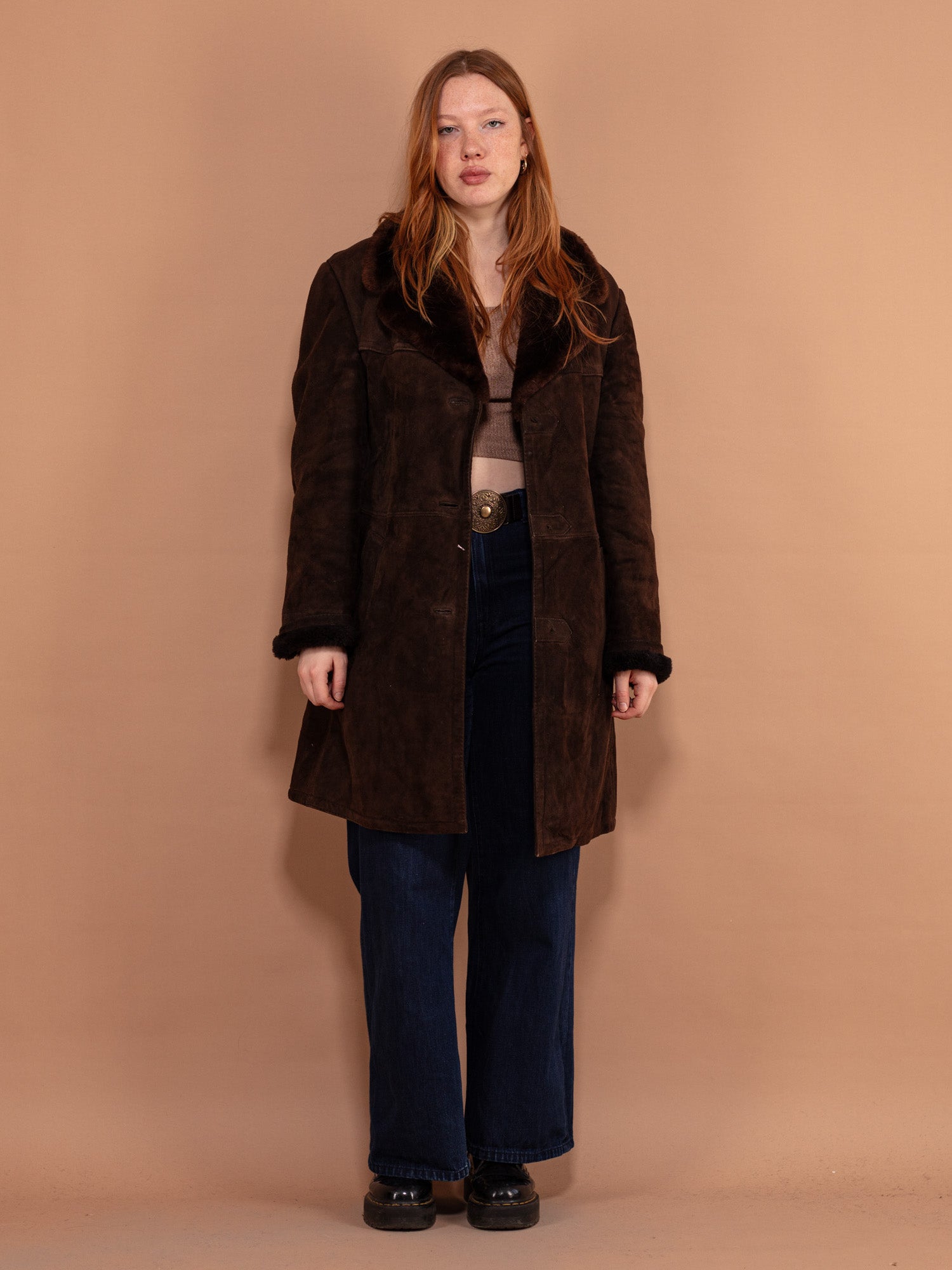 Vintage 70's Women Sheepskin Suede Coat in Brown