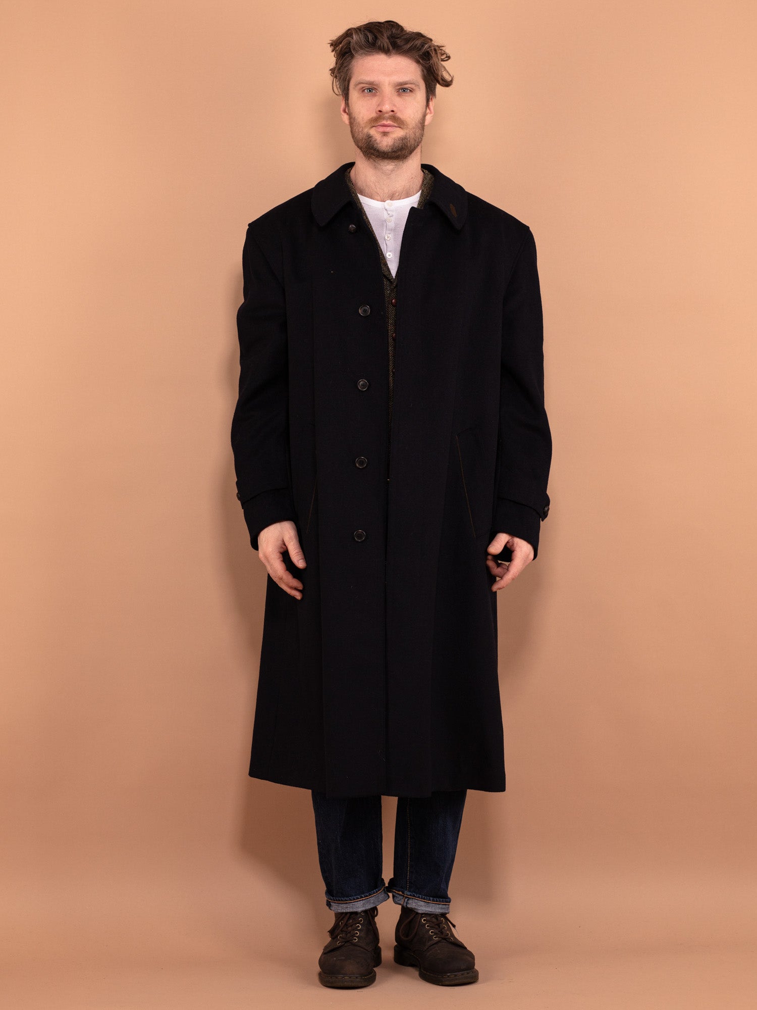 Vintage 80's Men Wool Blend Maxi Coat in Navy Blue