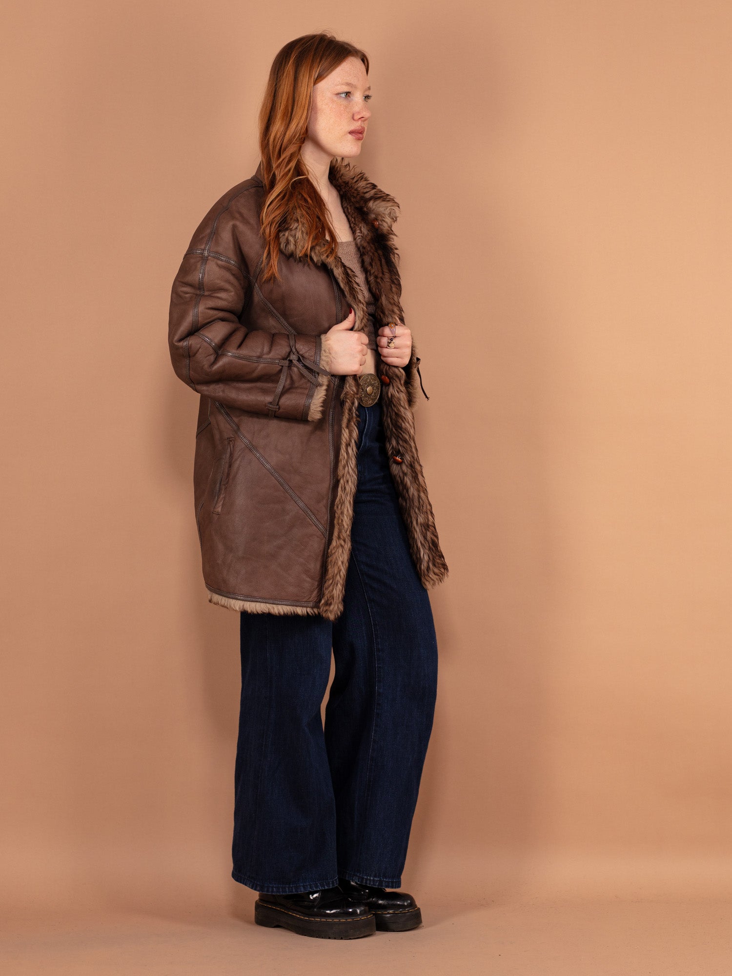 Vintage 80's Women Sheepskin Leather Coat in Brown