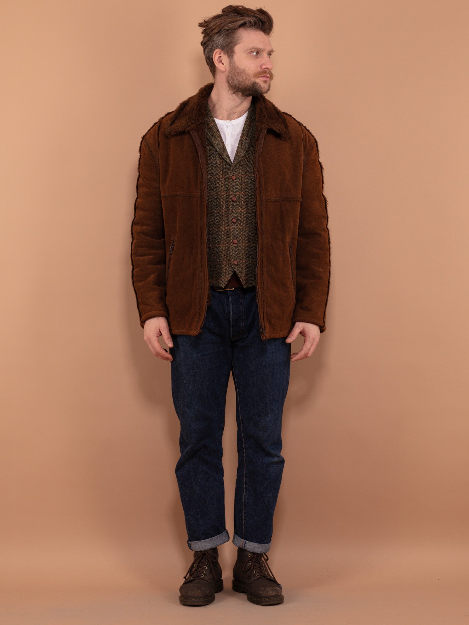 Vintage 90's Men Faux Sheepskin Jacket in Brown