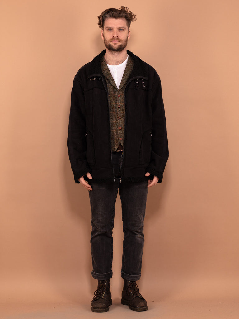 Online Vintage Store, 90's Men Faux Fur Lined Leather Jacket