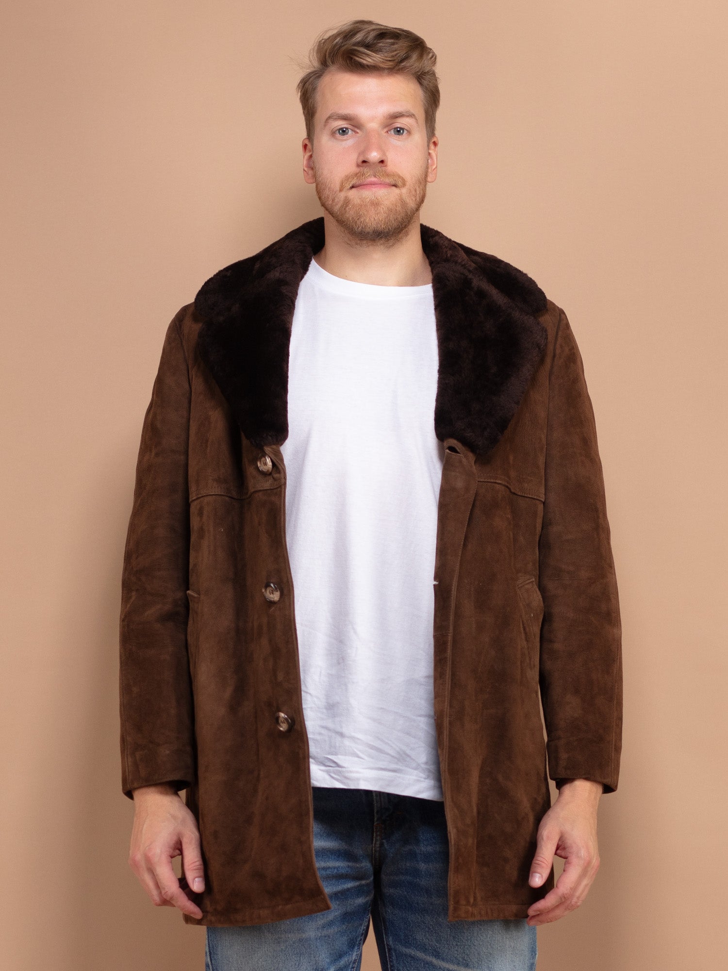 Vintage 70's Men Suede Sherpa Coat in Brown