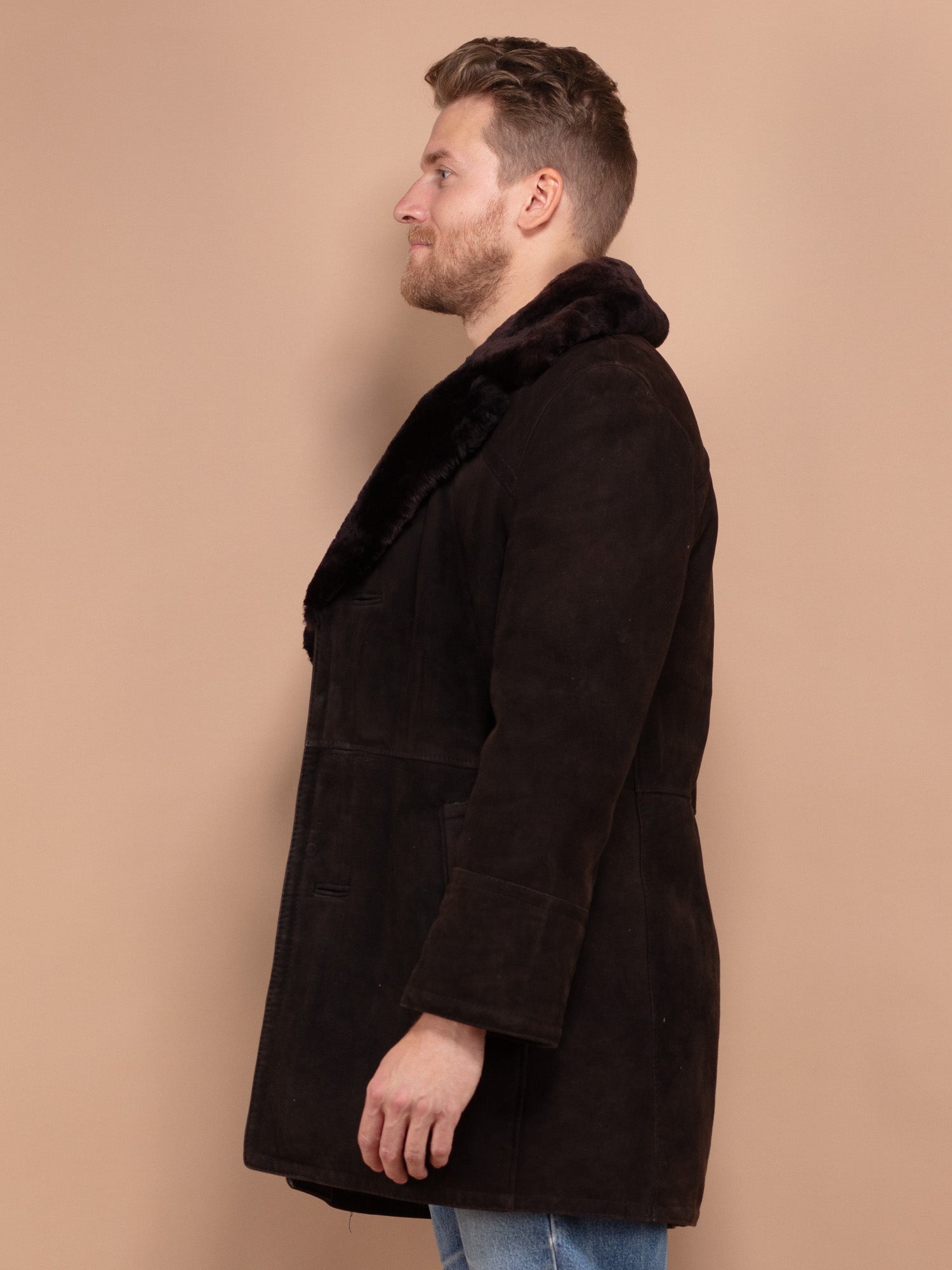 Vintage 70's Men Sheepskin Suede Coat in Brown