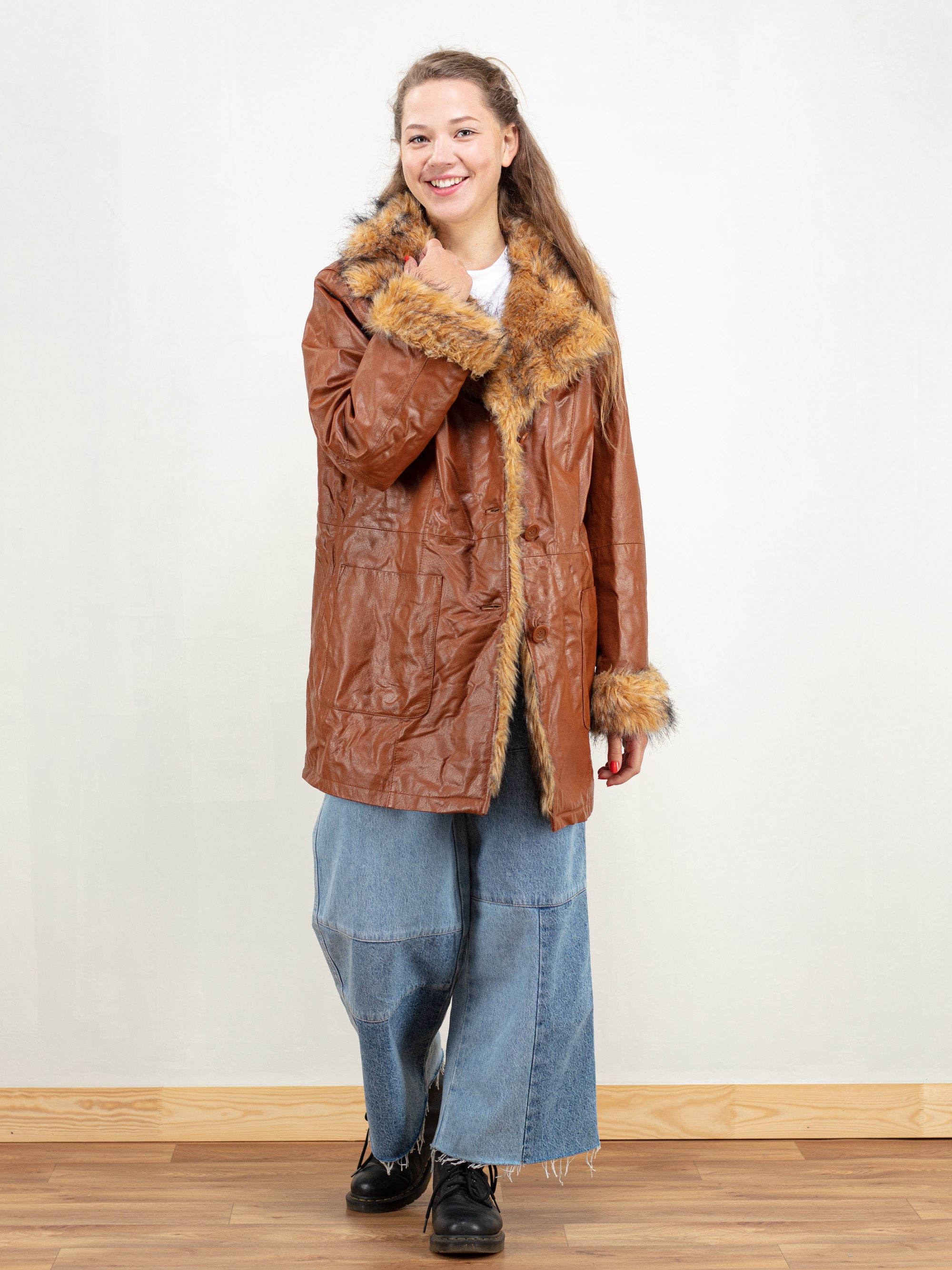 Vintage 80s Women Faux Fur Leather Coat