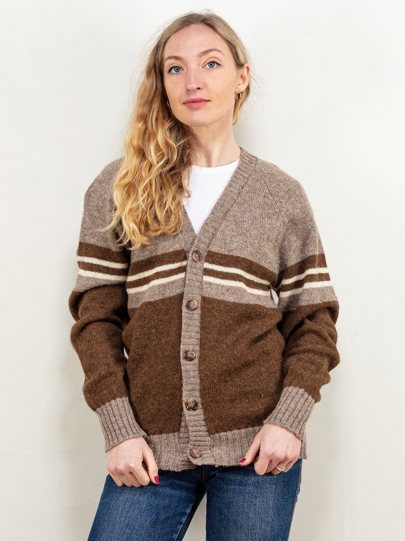 Online Vintage Store | 70's Women Cable Knit Cardigan in Cream