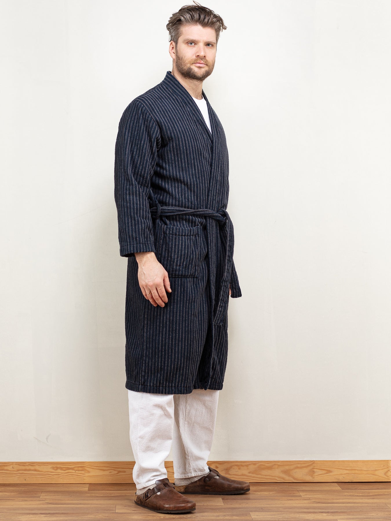 Mens Navy and Grey Stripe Fleece Dressing Gown | Shop Mens Dressing Gowns &  Robes Online | Steel and Jelly