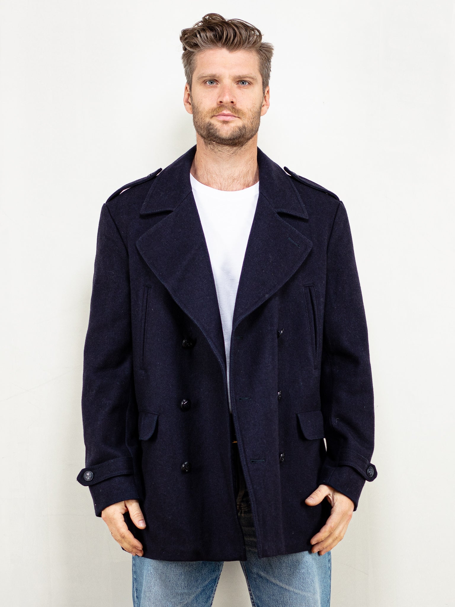 Vintage 70's Men Wool Coat in Navy