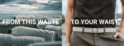 From this waist to your waste. Jelt belts are made from recycled plastic bottles. The image shows plastic bottles littered on a beach and a couple wearing Jelt belts.