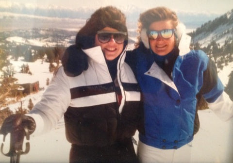 Jen Perry owner of Jelt, skiing with a friend in 1987.