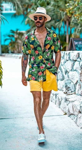 Hawaiian shirts with vibrant colored shorts