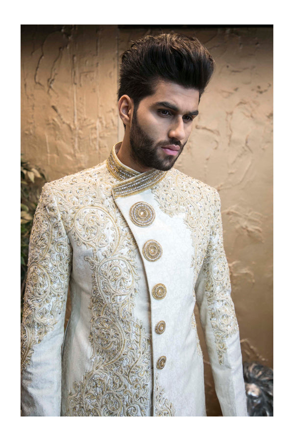 Antique Gold and Ivory Sherwani with Embroidery and Back Detail ...