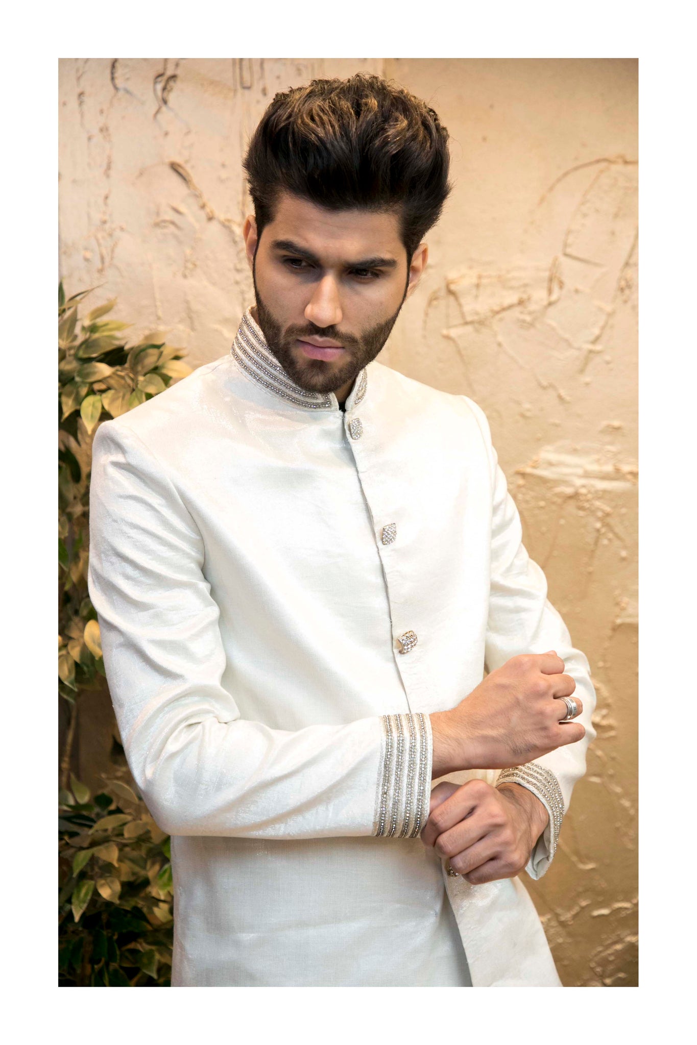 White Sherwani with Silver Swarovski detail – Sherwanisale.com