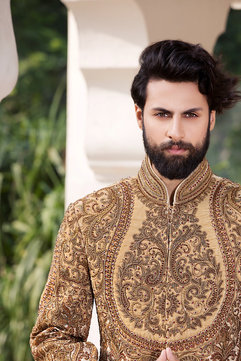 Gold Sherwani with Red Patterned Front and Back Detailing ...