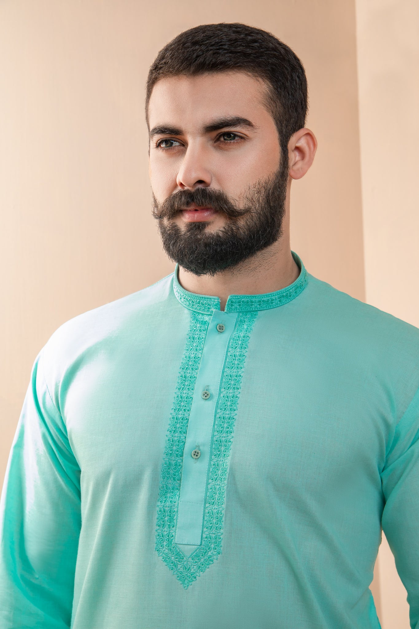 Teal Kurta Set with Patterned Collar and Front – Sherwanisale.com