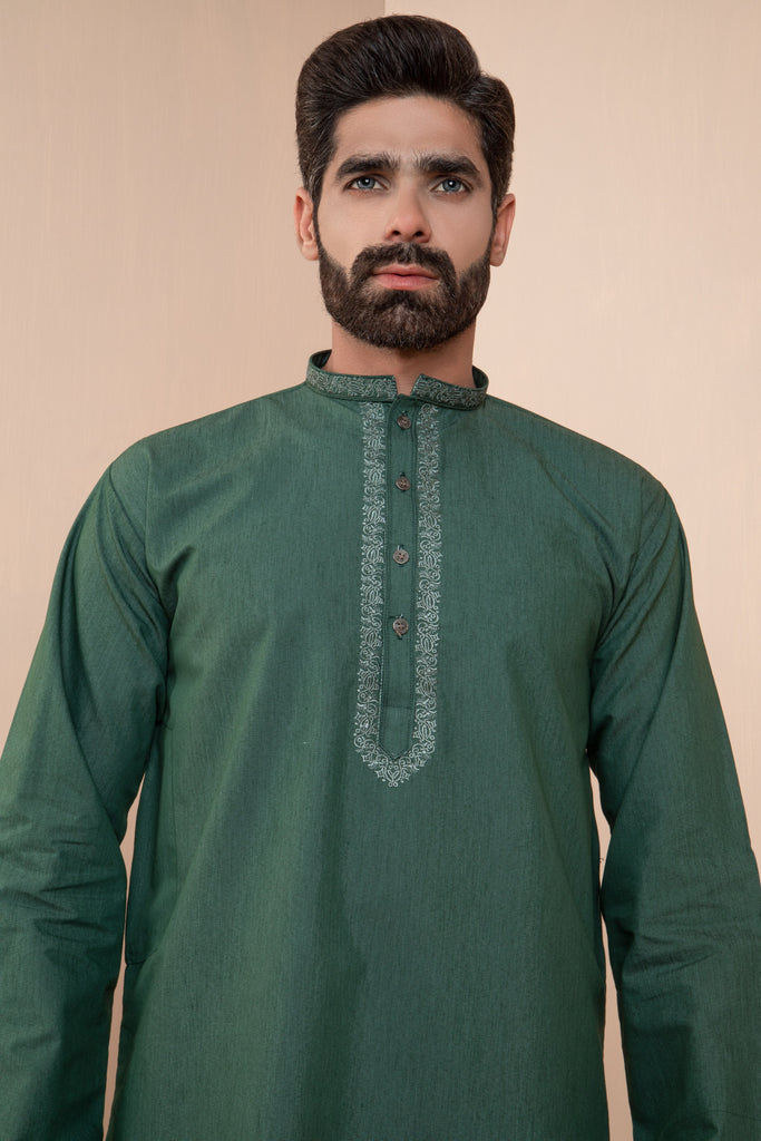 Green Kurta Set with Decorative Collar and Front – Sherwanisale.com