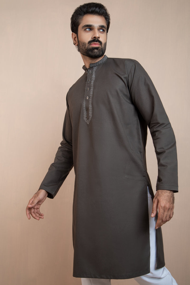 Charcoal Kurta set with Patterned Collar and Front – Sherwanisale.com