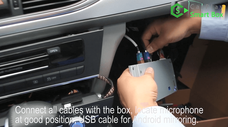 11.Connect all the cables with the box, locate microphone at good position,USB cable for Android mirroring.