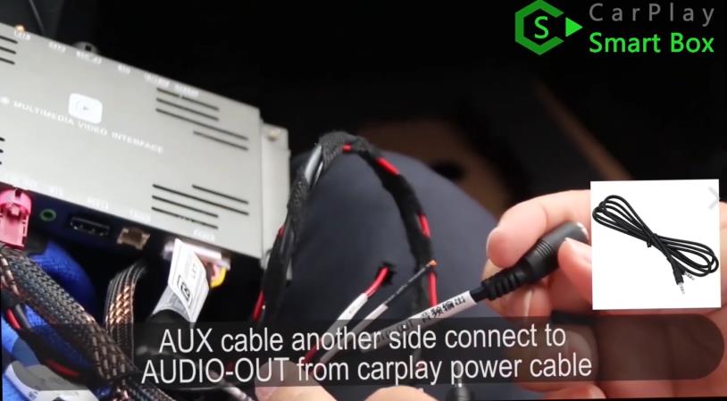 12. AUX cable another side connect to AUDIO-OUT from CarPlay power cable - How to install WiFi Wireless Apple CarPlay on BMW F30 NBT EVO Head Unit - CarPlay Smar