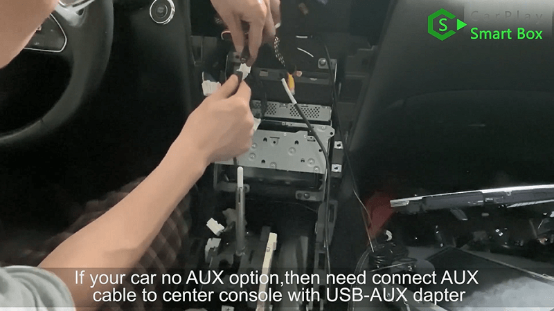 14.If your car no AUX option, then need connect AUX cable to center console with USB-AUX adapter.