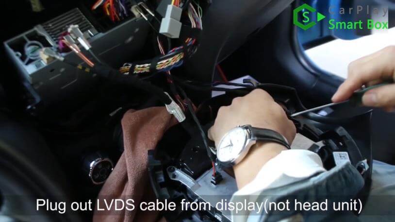5. Plug out LVDS cable from display (Not head unit) - Step by Step BMW MINI Cooper NBT iOS13 Wireless Apple CarPlay AirPlay Android Auto Install - CarPlay Smart Box