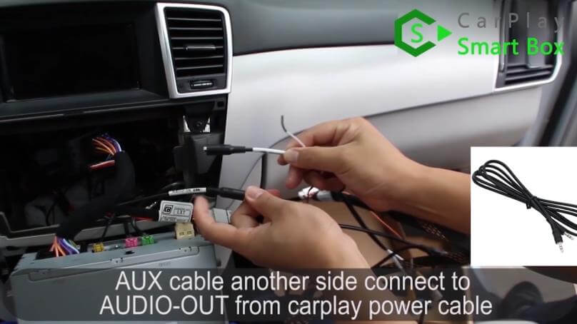 6. AUX cable another side connect to AUDIO-OUT from CarPlay power cable - Step by Step Wireless Apple CarPlay Installation for Mercedes S class W221 - Car