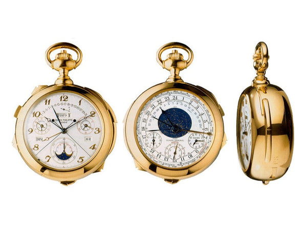 La supercomplication de Patek Philippe, montre à gousset or, vue de 3 profils