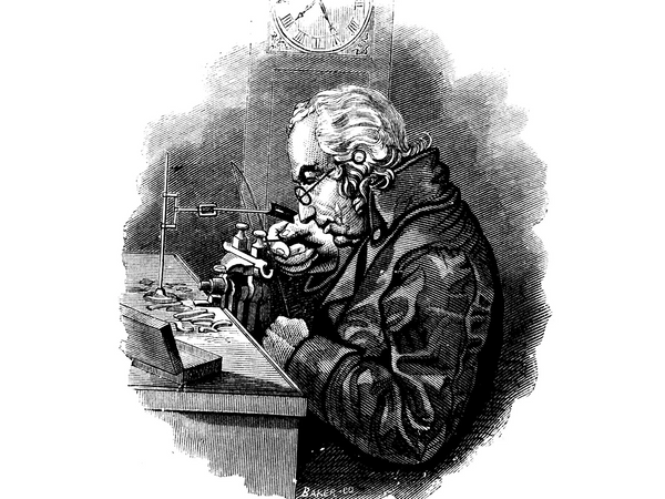 Dessin en noir et blanc de l'horloger Abraham-Louis Perrelet dans son atelier de fabrication 