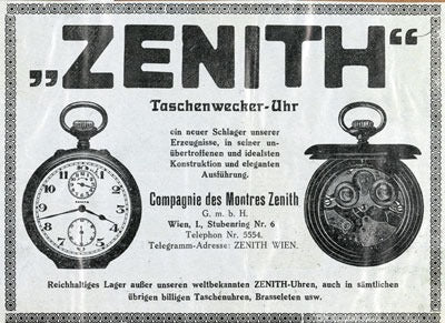 Affiche en noir et en blanc, des montres à gousset de Zenith