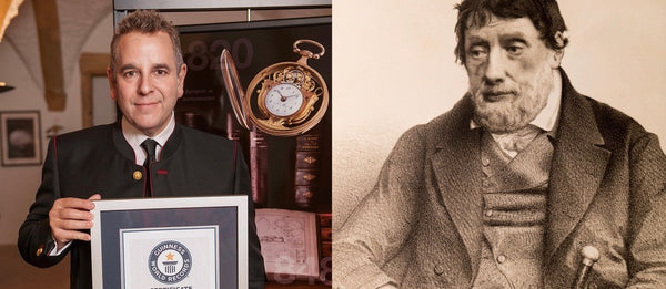 Le prix Guinness World record, tenu par le directeur à gauche de la photo,  attribué 2 siècles plus tard à Louis Moinet, représenté à droite sur la photo, qui a conçu le 1er chronographe de l'histoire horlogère en 181